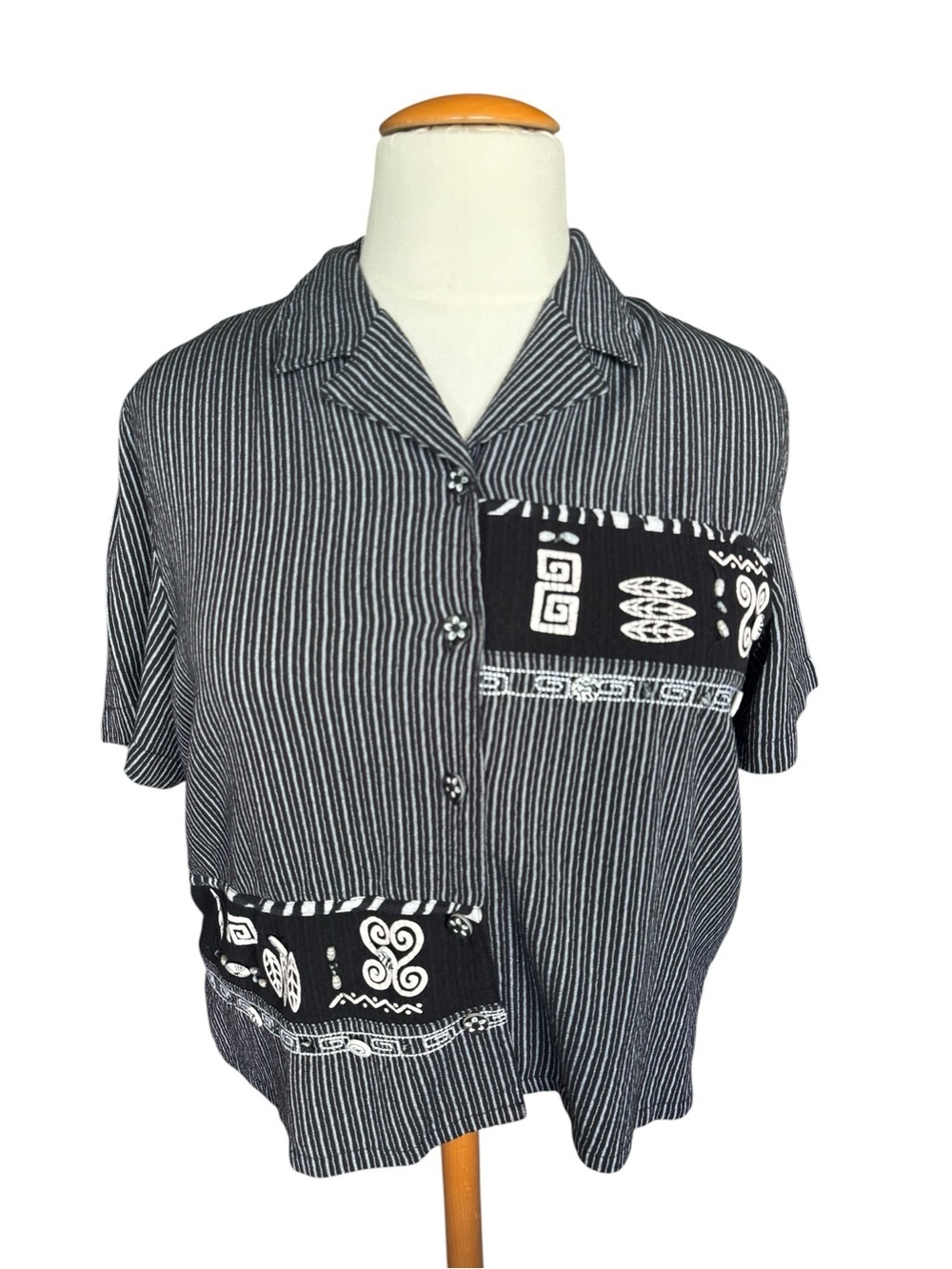 Koret 16W Black White Stripe Patchwork Button Front Art-to-Wear Blouse Y56